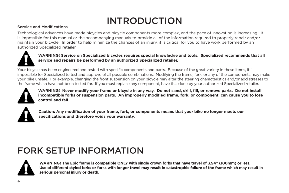 Introduction, Fork setup information | Specialized Epic Era User Manual | Page 6 / 24