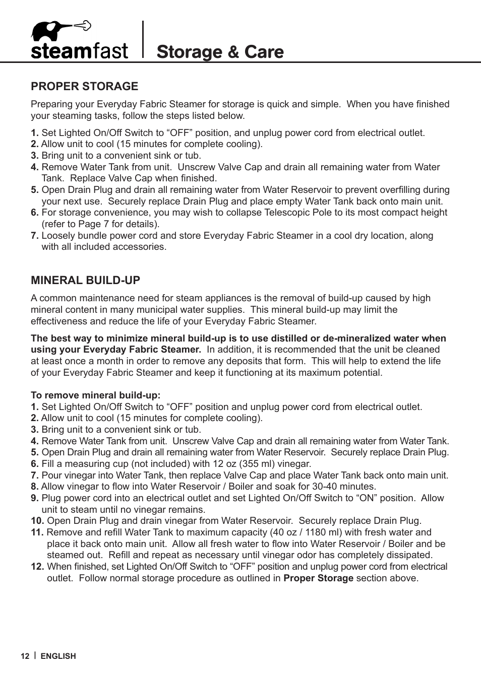 Storage & care | Steamfast SF-407 User Manual | Page 12 / 16