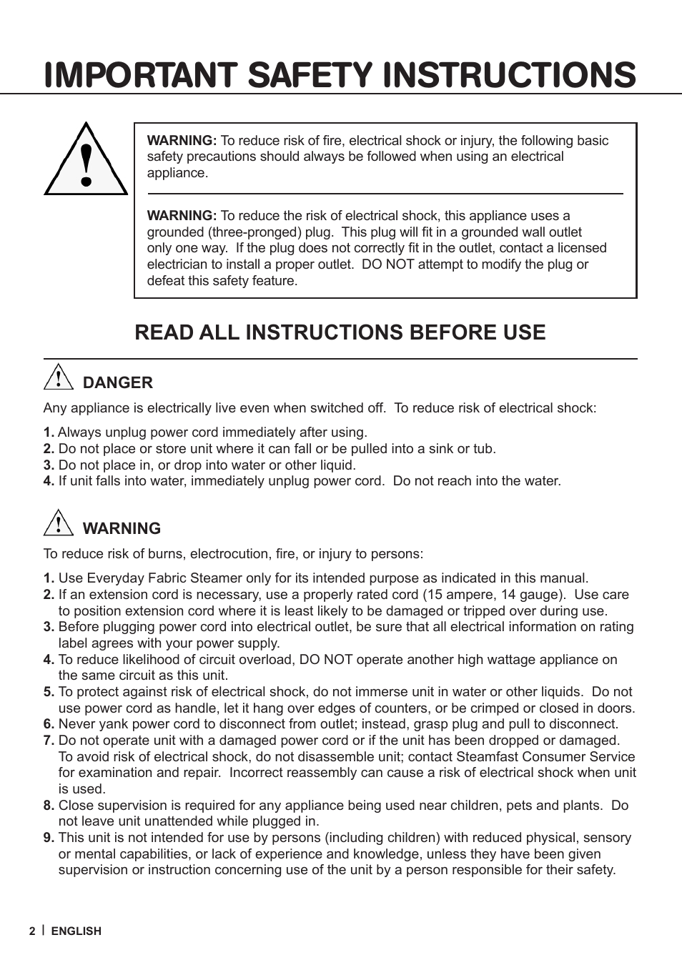 Important safety instructions, Read all instructions before use | Steamfast SF-407 User Manual | Page 2 / 16