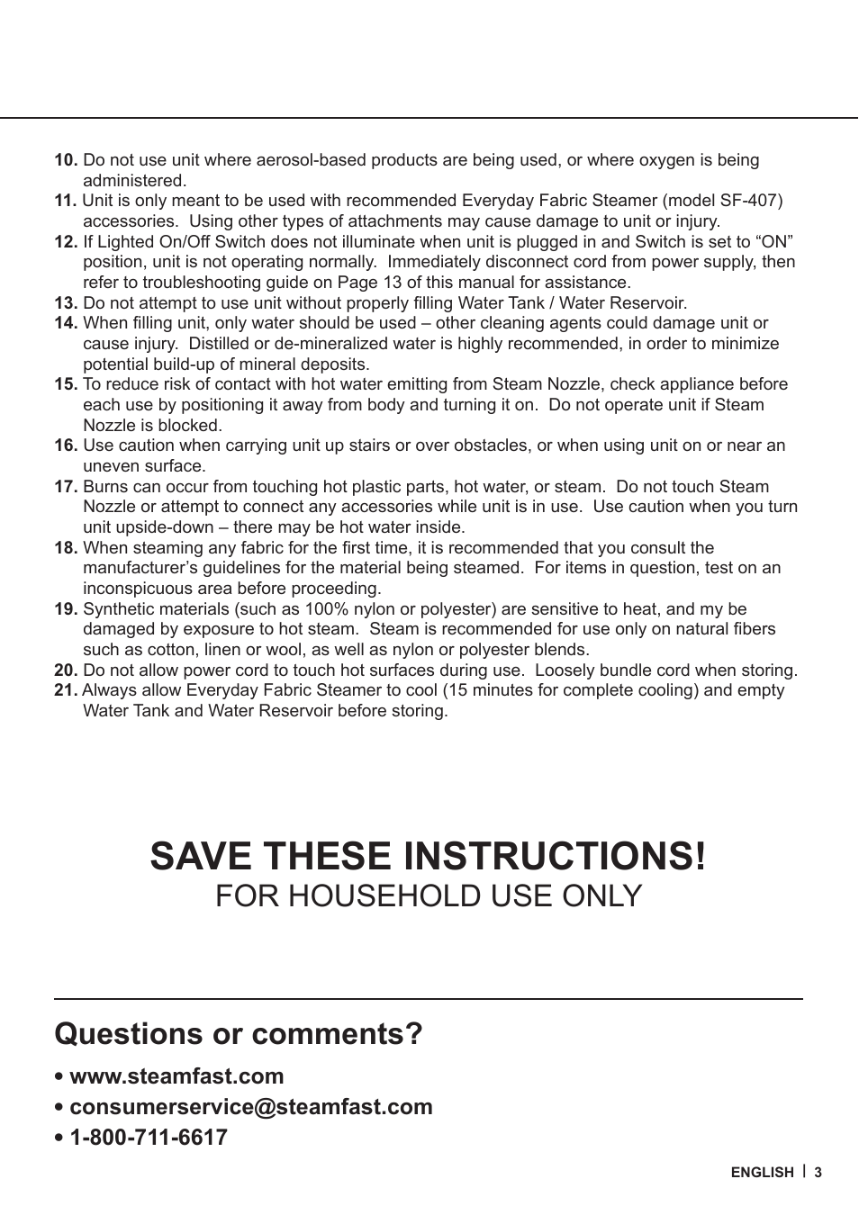 Save these instructions, For household use only questions or comments | Steamfast SF-407 User Manual | Page 3 / 16
