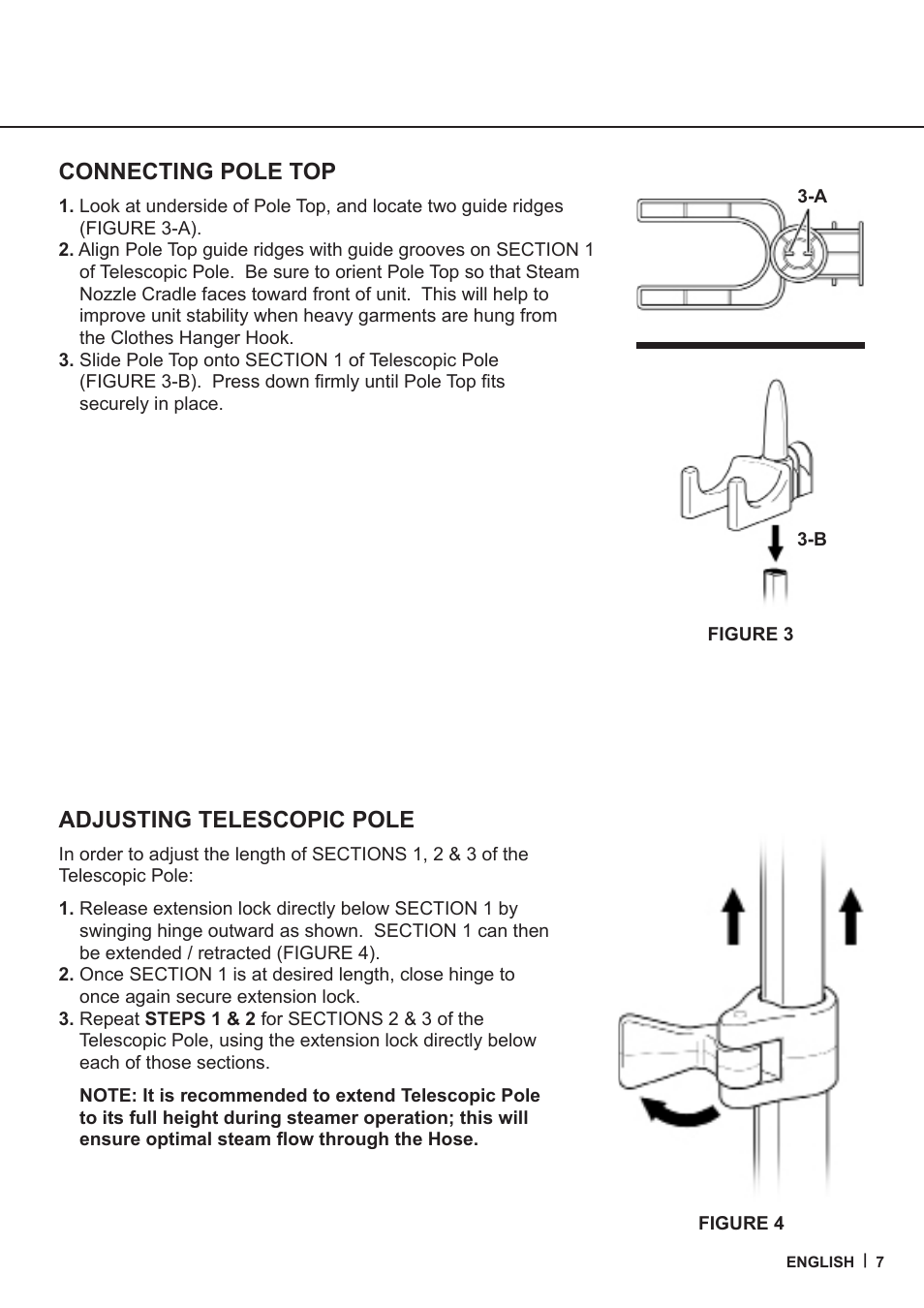 Connecting pole top, Adjusting telescopic pole | Steamfast SF-407 User Manual | Page 7 / 16