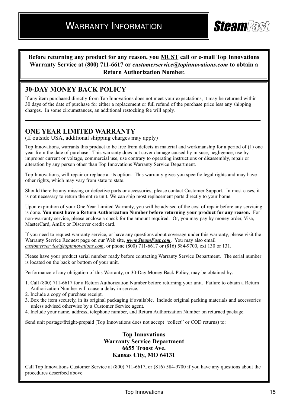 Arranty, Nformation, Day money back policy | One year limited warranty | Steamfast PORTABLE POWER STEAM CLEANER SF-246 User Manual | Page 15 / 16