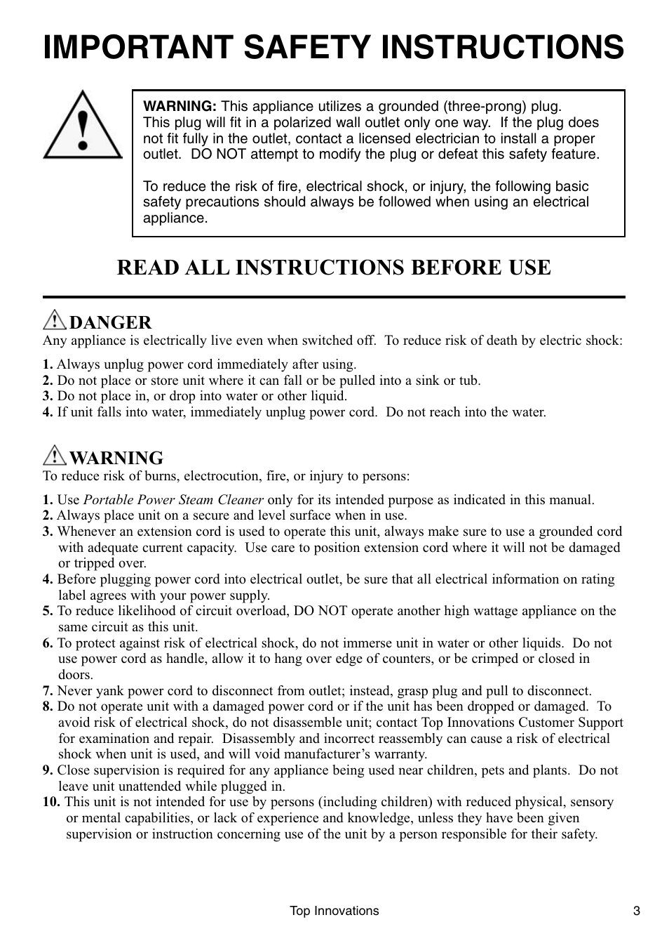 Important safety instructions, Read all instructions before use, Danger | Warning | Steamfast PORTABLE POWER STEAM CLEANER SF-246 User Manual | Page 3 / 16