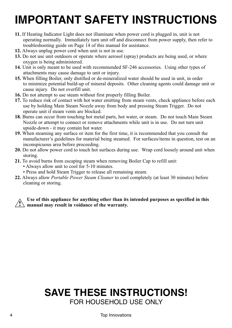 Important safety instructions, Save these instructions, For household use only | Steamfast PORTABLE POWER STEAM CLEANER SF-246 User Manual | Page 4 / 16