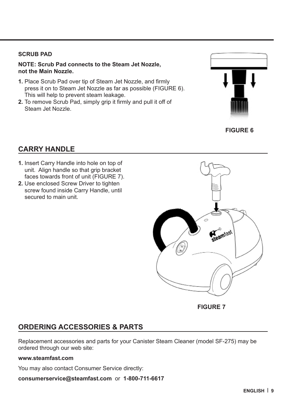 Carry handle, Ordering accessories & parts | Steamfast CANISTER STEAM CLEANER SF-275 User Manual | Page 9 / 16