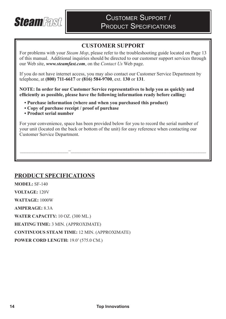 Steamfast SF-140 User Manual | Page 14 / 16