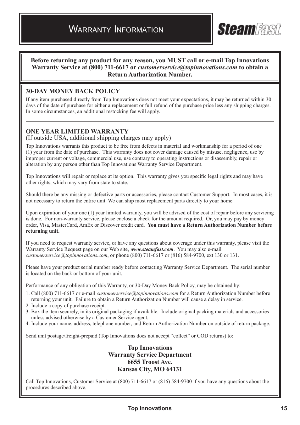 Arranty, Nformation | Steamfast SF-140 User Manual | Page 15 / 16