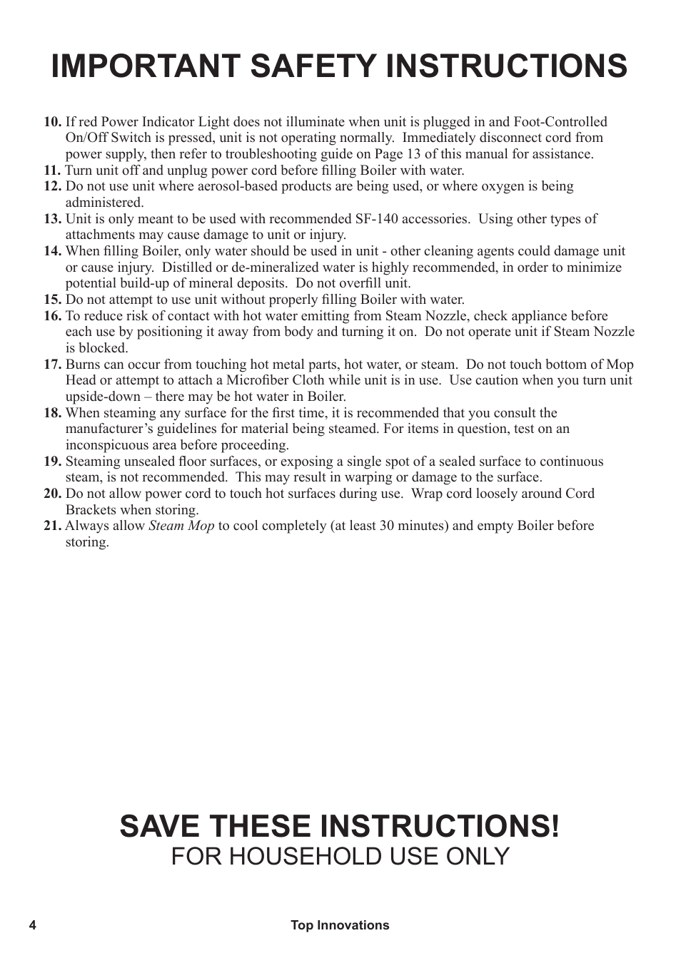 Important safety instructions, Save these instructions, For household use only | Steamfast SF-140 User Manual | Page 4 / 16