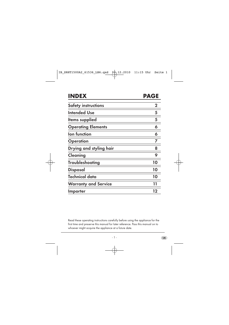 Index page | Silvercrest SRHT 1500 A2 User Manual | Page 3 / 14