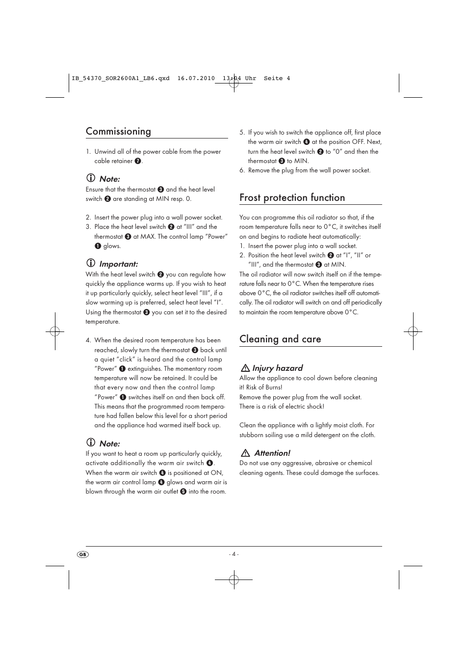 Commissioning, Frost protection function, Cleaning and care | Silvercrest SOR 2600 A1 User Manual | Page 6 / 8