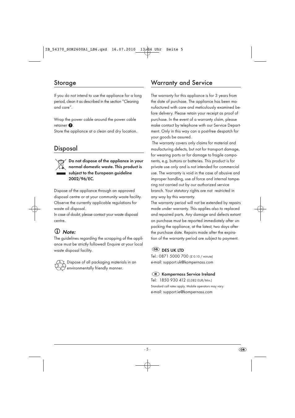 Storage, Disposal, Warranty and service | Silvercrest SOR 2600 A1 User Manual | Page 7 / 8