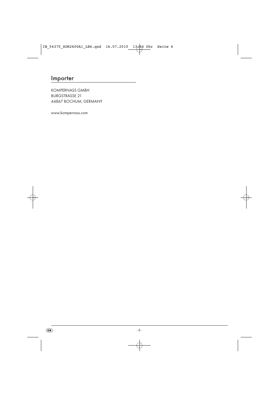 Importer | Silvercrest SOR 2600 A1 User Manual | Page 8 / 8