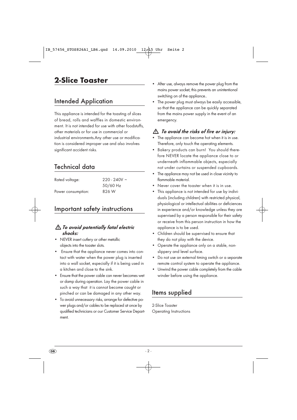 Slice toaster, Intended application, Technical data | Important safety instructions, Items supplied | Silvercrest STOS 826 A1 User Manual | Page 4 / 8