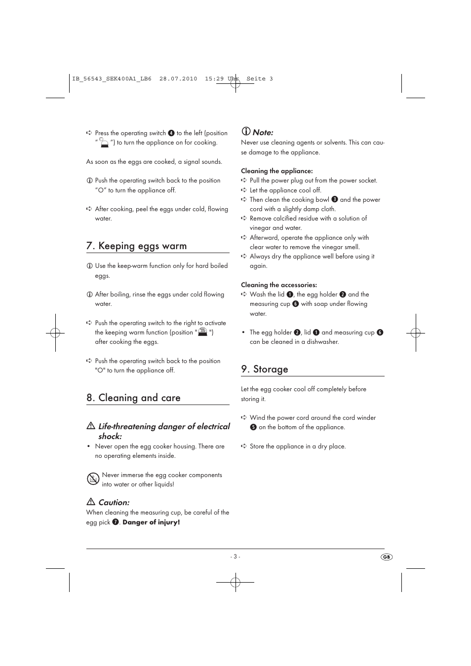 Keeping eggs warm, Cleaning and care, Storage | Silvercrest SEK400A1 User Manual | Page 5 / 6