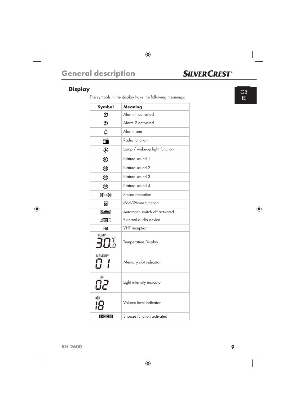 General description, Display | Silvercrest WAKE-UP LIGHT KH 2600 User Manual | Page 11 / 32