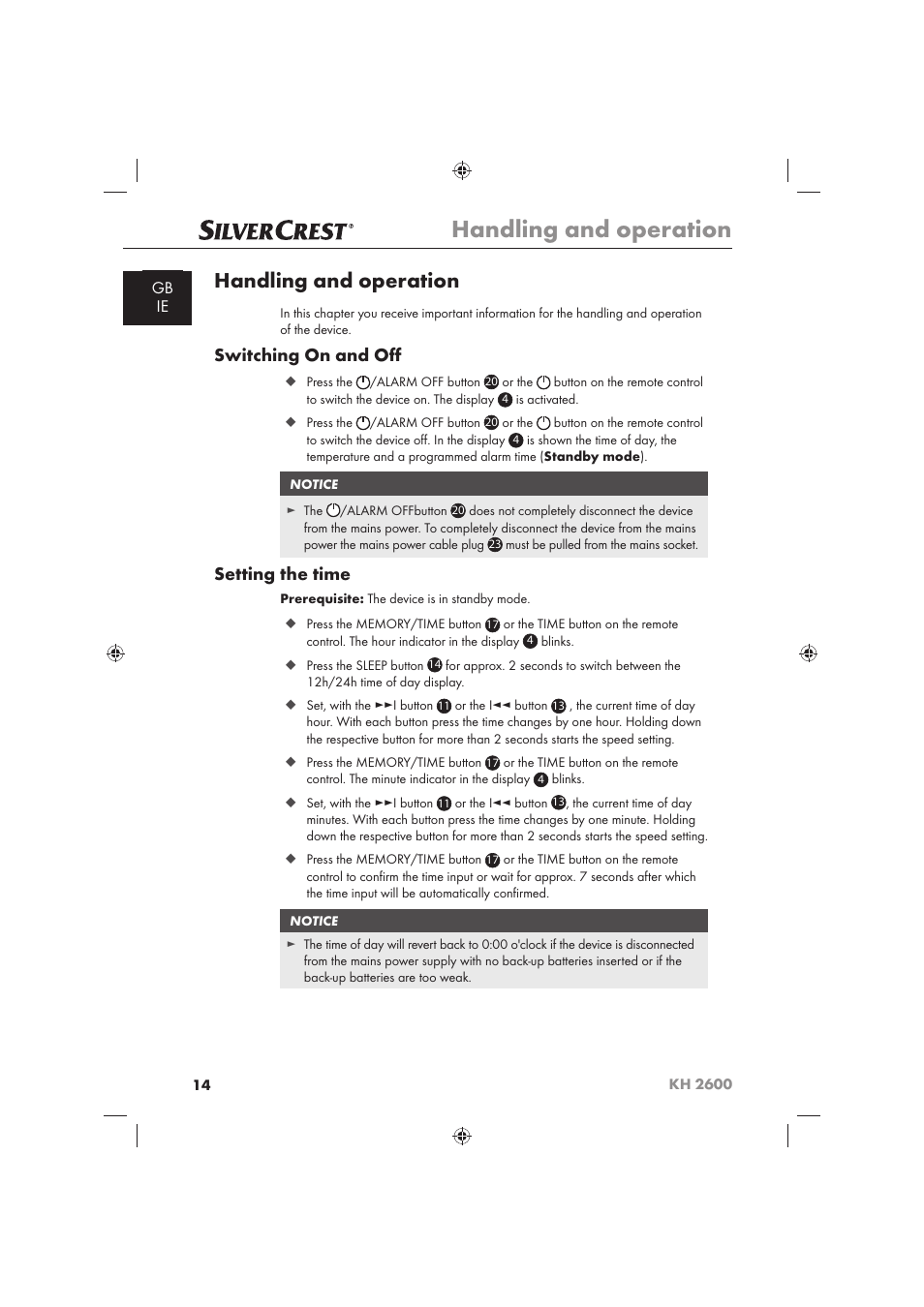 Handling and operation, Switching on and oﬀ, Setting the time | Silvercrest WAKE-UP LIGHT KH 2600 User Manual | Page 16 / 32