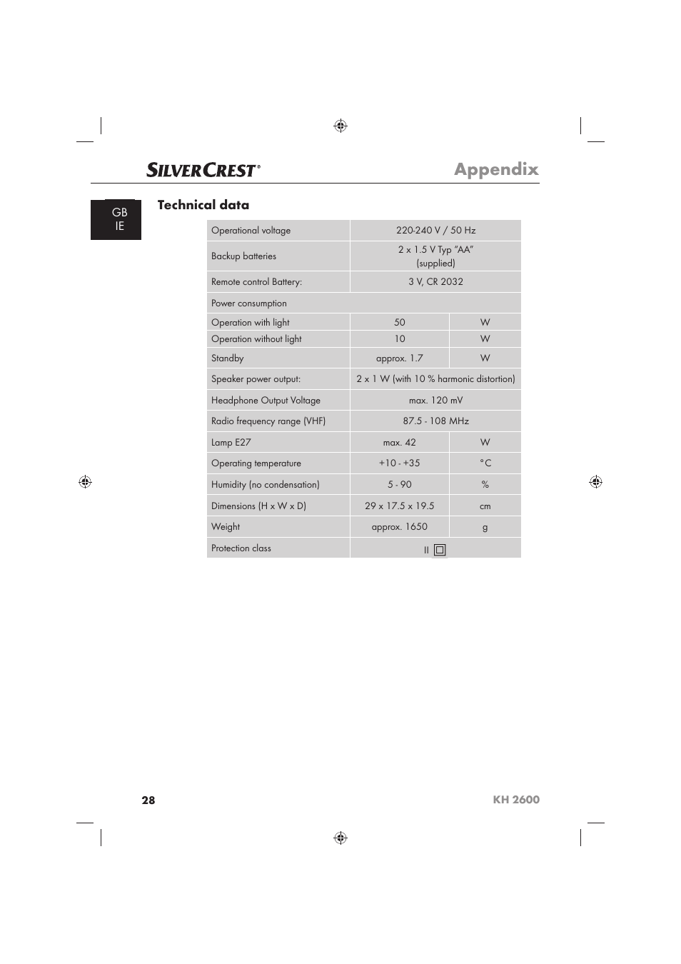 Appendix, Technical data | Silvercrest WAKE-UP LIGHT KH 2600 User Manual | Page 30 / 32