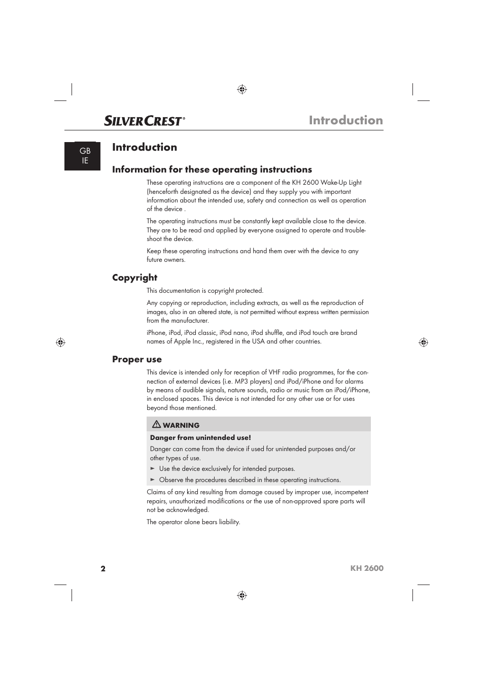 Introduction, Information for these operating instructions, Copyright | Proper use | Silvercrest WAKE-UP LIGHT KH 2600 User Manual | Page 4 / 32