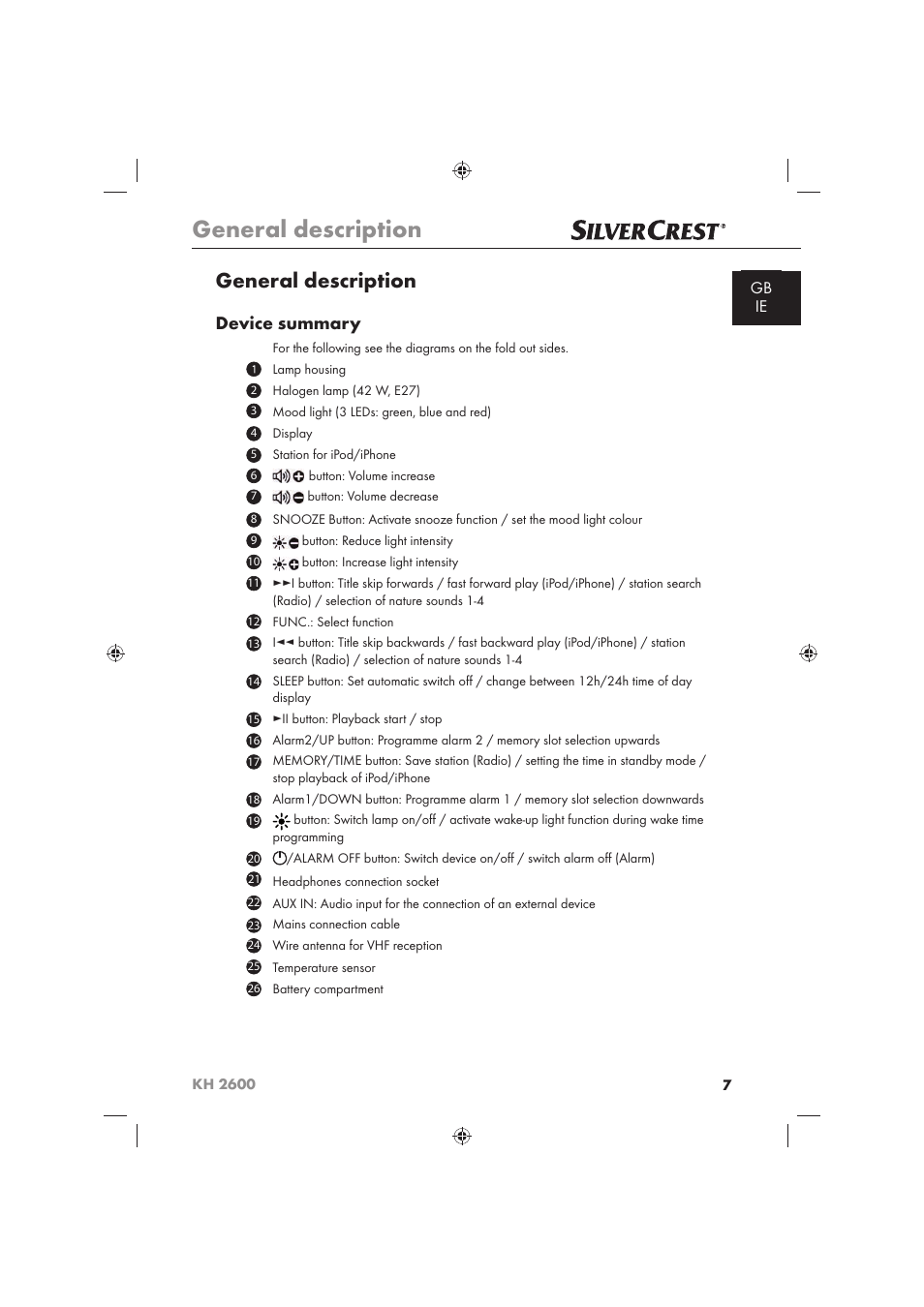 General description, Device summary, Gb ie | Silvercrest WAKE-UP LIGHT KH 2600 User Manual | Page 9 / 32