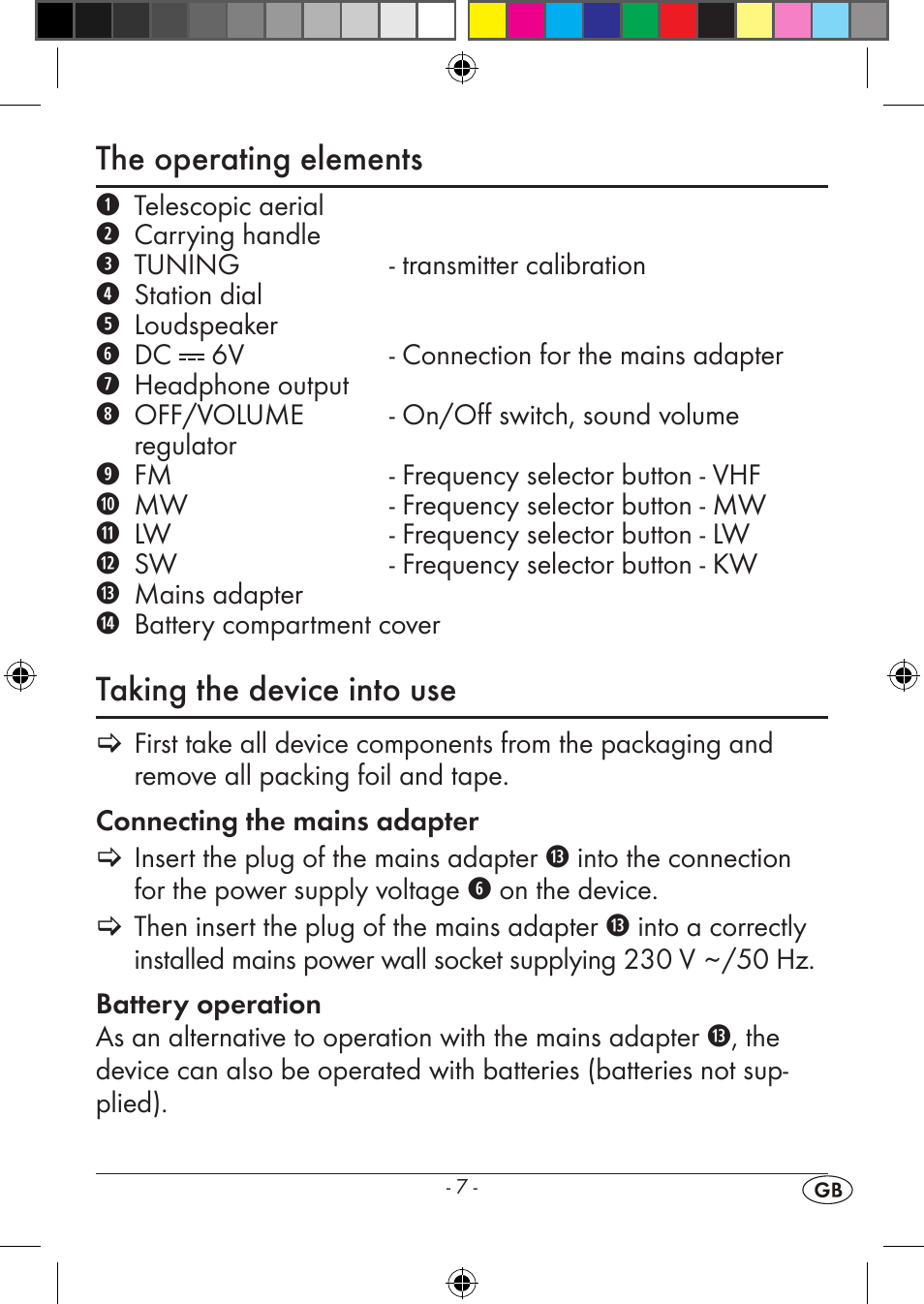 The operating elements, Taking the device into use | Silvercrest KH2351 User Manual | Page 9 / 18