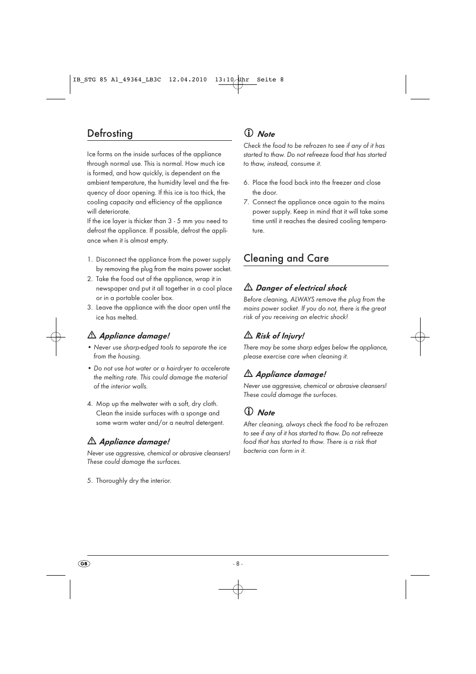 Defrosting, Cleaning and care | Silvercrest STG 85 User Manual | Page 10 / 29