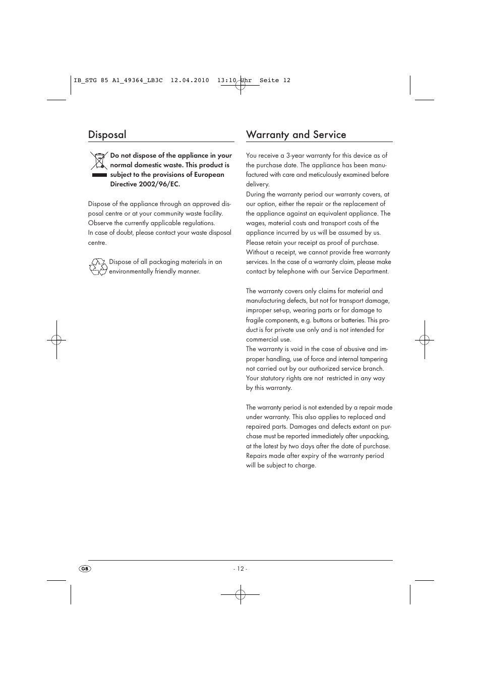 Disposal, Warranty and service | Silvercrest STG 85 User Manual | Page 14 / 29