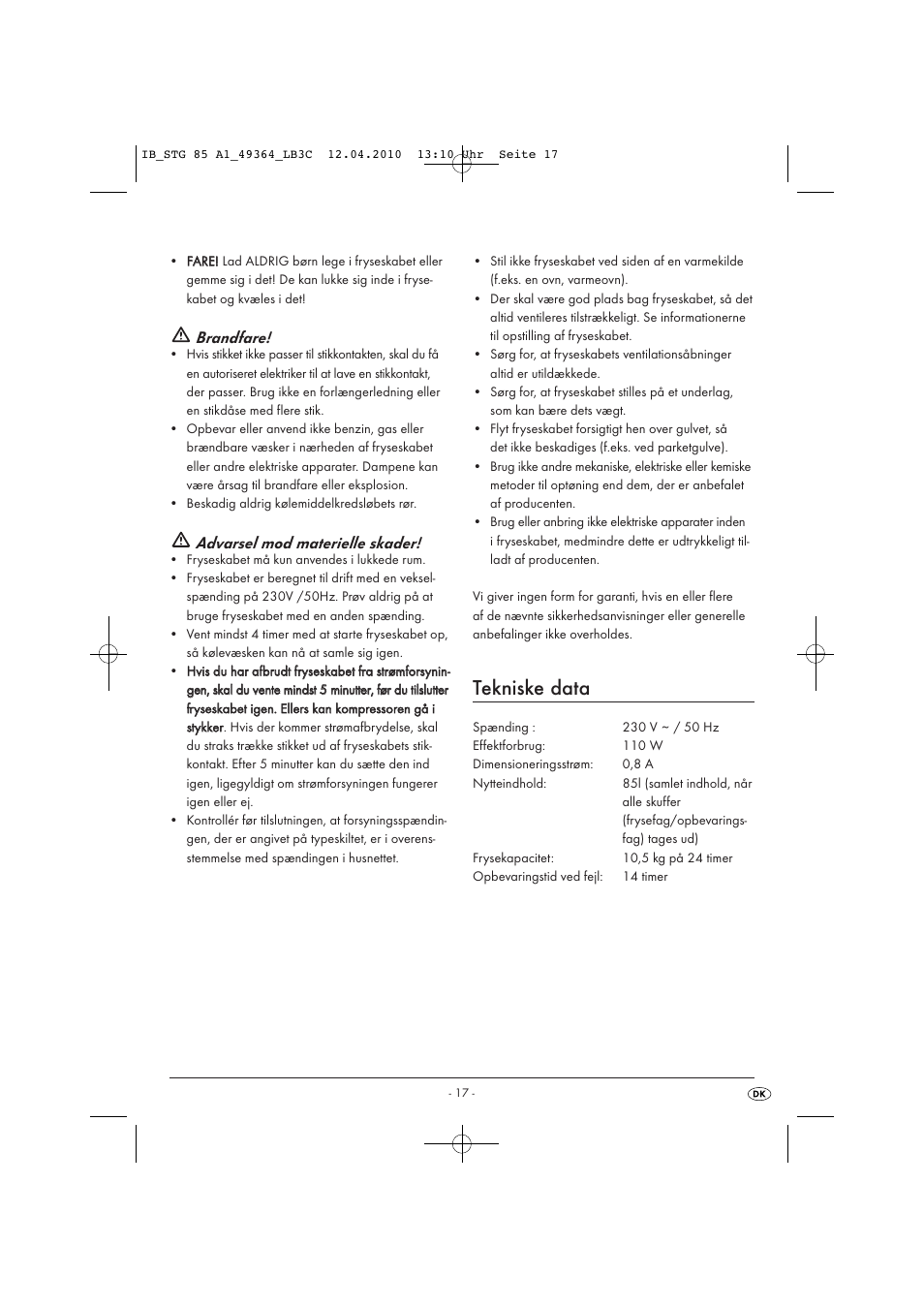 Tekniske data, Brandfare, Advarsel mod materielle skader | Silvercrest STG 85 User Manual | Page 19 / 29