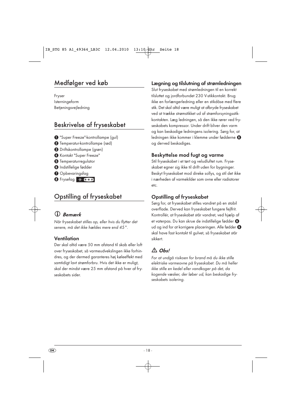 Medfølger ved køb, Beskrivelse af fryseskabet, Opstilling af fryseskabet | Silvercrest STG 85 User Manual | Page 20 / 29