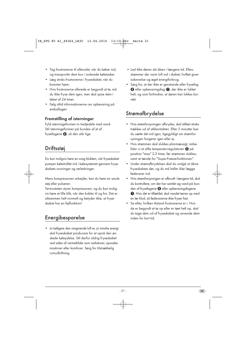 Driftsstøj, Energibesparelse, Strømafbrydelse | Silvercrest STG 85 User Manual | Page 23 / 29