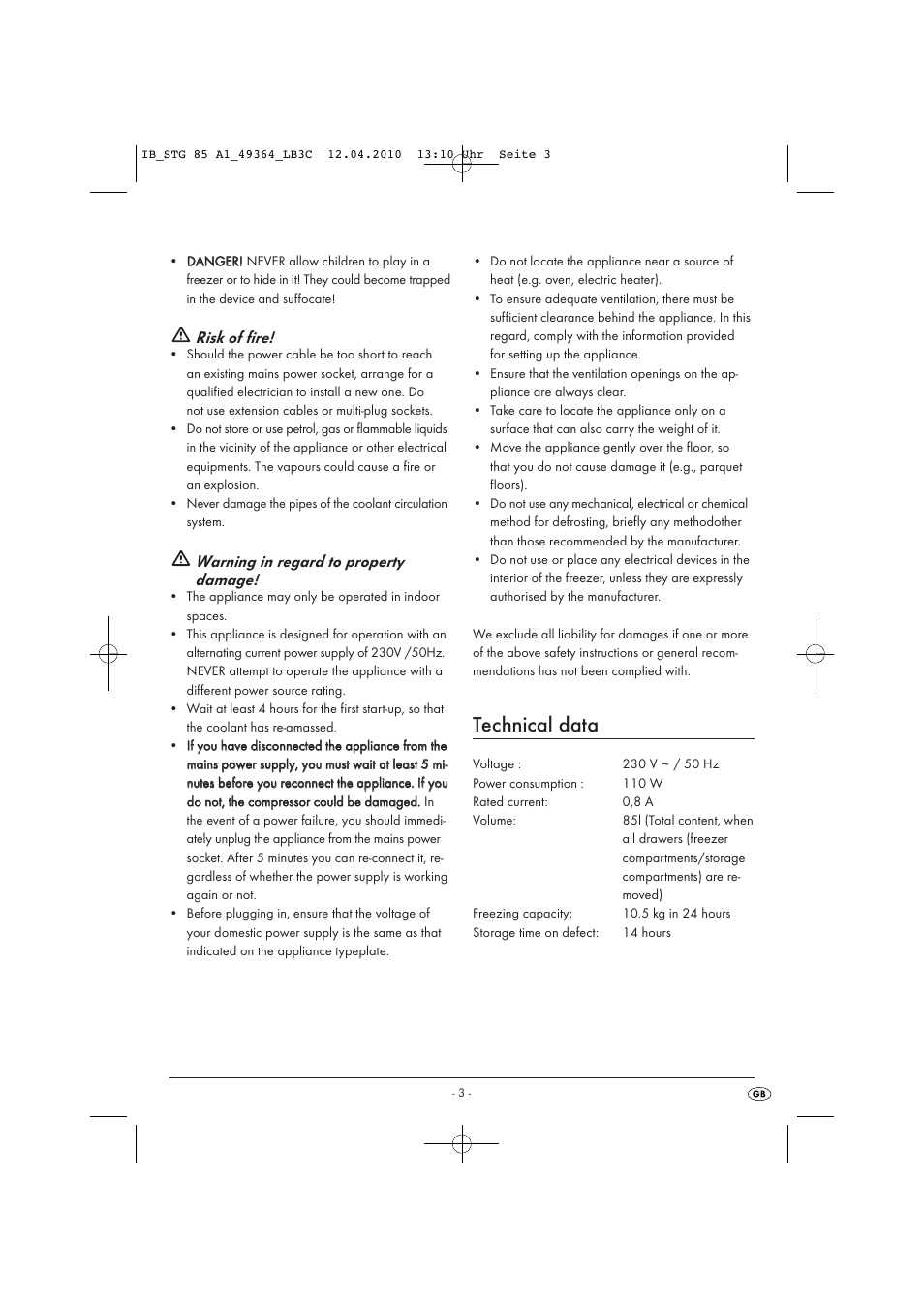 Technical data, Risk of fire, Warning in regard to property damage | Silvercrest STG 85 User Manual | Page 5 / 29