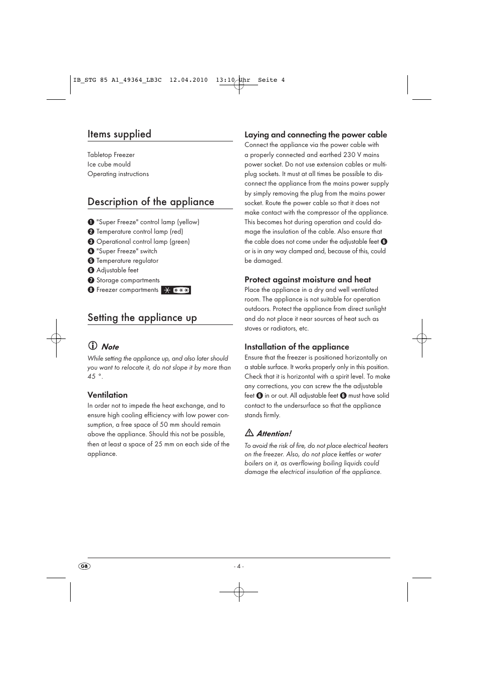 Items supplied, Description of the appliance, Setting the appliance up | Silvercrest STG 85 User Manual | Page 6 / 29