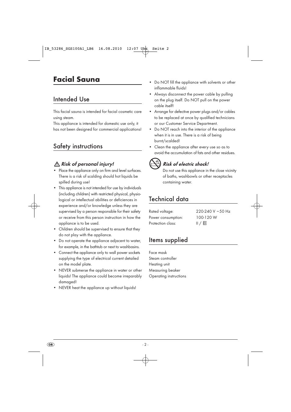 Facial sauna, Intended use, Safety instructions | Technical data, Items supplied | Silvercrest SGS 100 A1 User Manual | Page 4 / 8