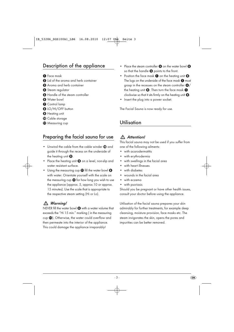 Description of the appliance, Preparing the facial sauna for use, Utilisation | Silvercrest SGS 100 A1 User Manual | Page 5 / 8