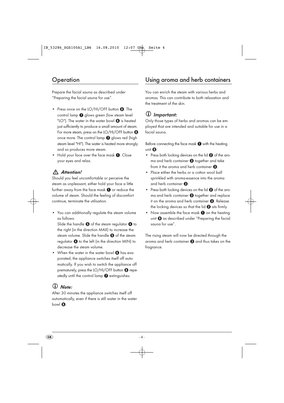 Operation, Using aroma and herb containers | Silvercrest SGS 100 A1 User Manual | Page 6 / 8