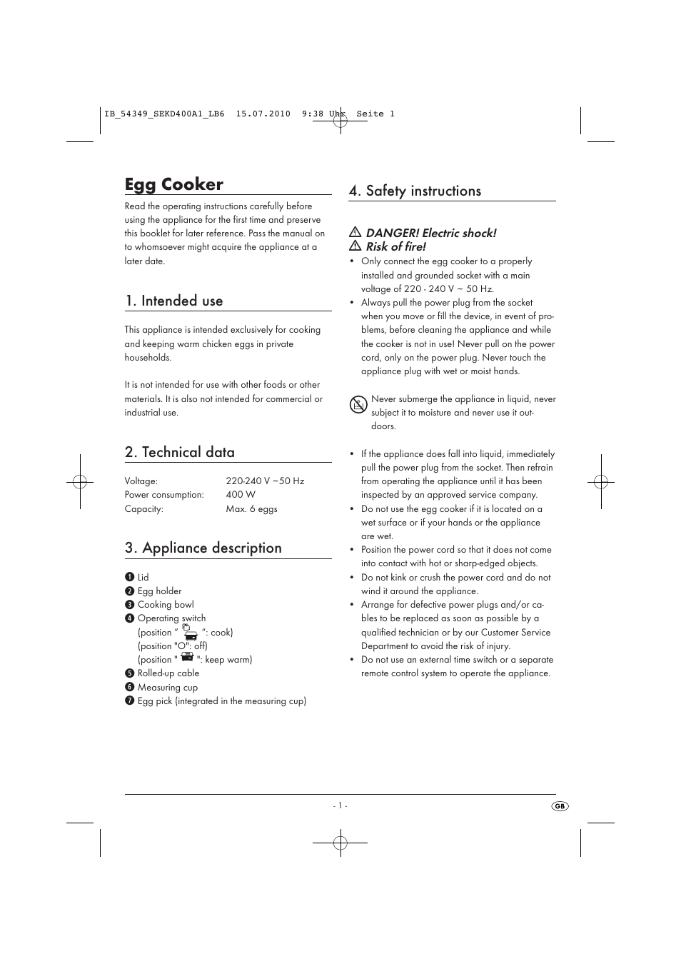 Egg cooker, Intended use, Technical data | Appliance description, Safety instructions | Silvercrest SEKD 400 A1 User Manual | Page 3 / 6
