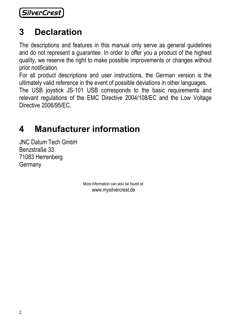 3 declaration, 4 manufacturer information | Silvercrest JS-101 User Manual | Page 2 / 84