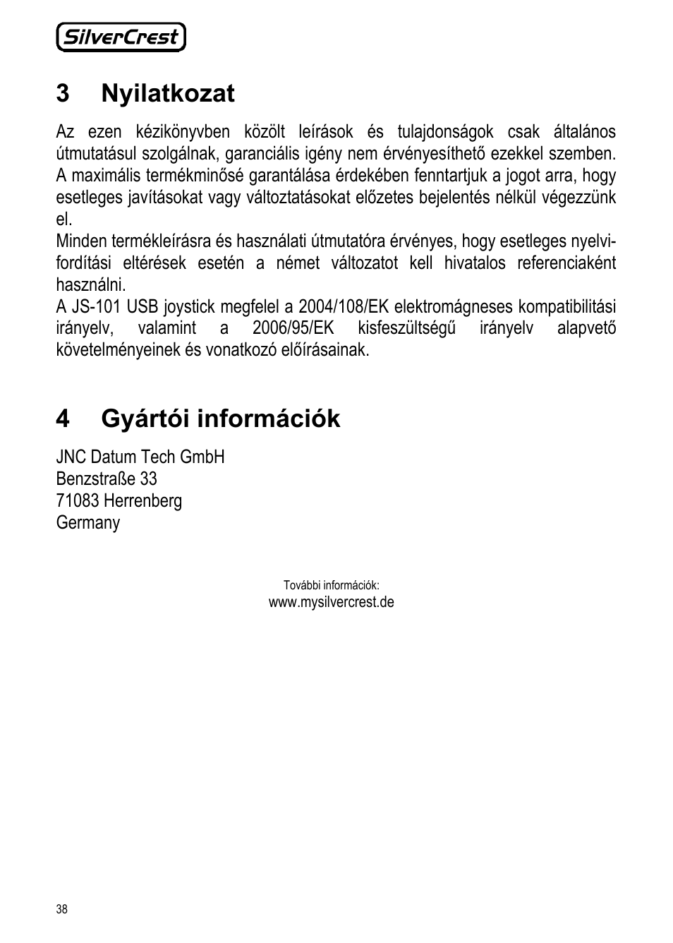 3 nyilatkozat, 4 gyártói információk | Silvercrest JS-101 User Manual | Page 38 / 84