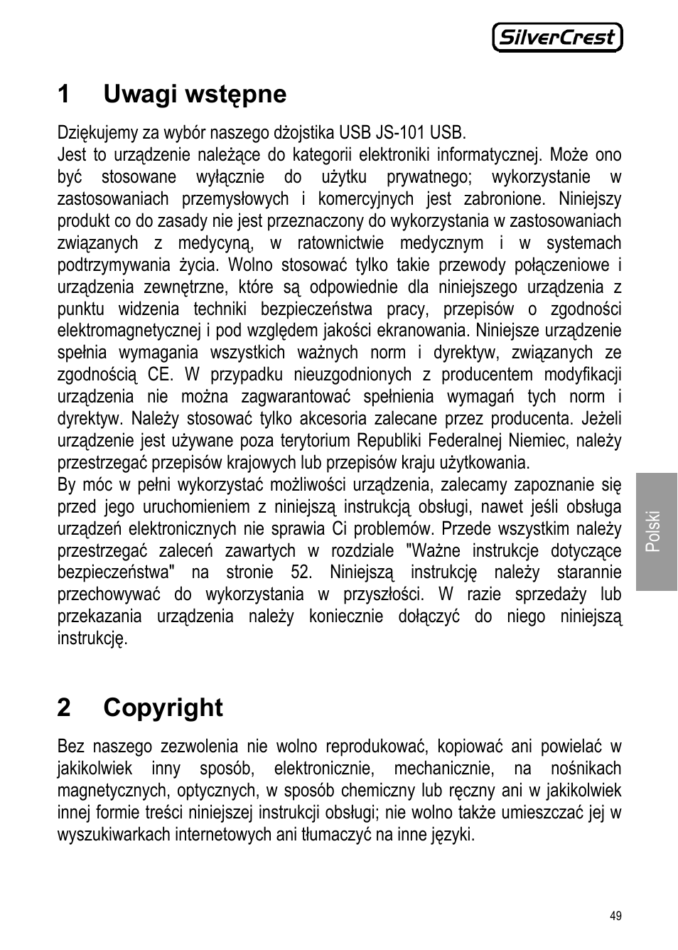 1 uwagi wstępne, 2 copyright | Silvercrest JS-101 User Manual | Page 49 / 84