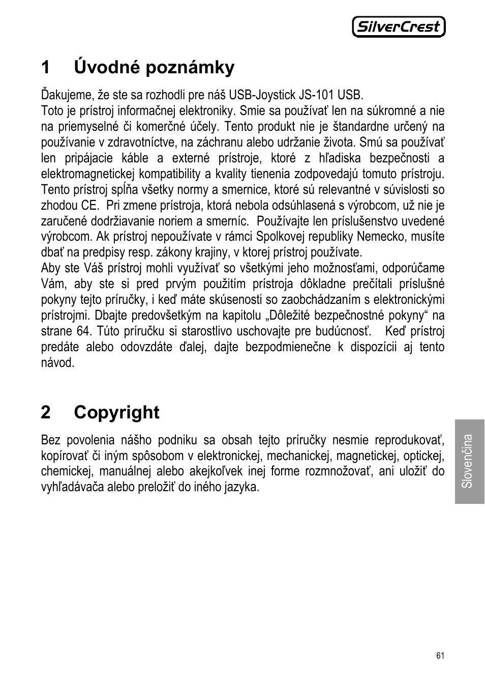 1 úvodné poznámky, 2 copyright | Silvercrest JS-101 User Manual | Page 61 / 84