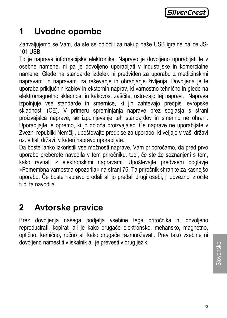 1 uvodne opombe, 2 avtorske pravice | Silvercrest JS-101 User Manual | Page 73 / 84