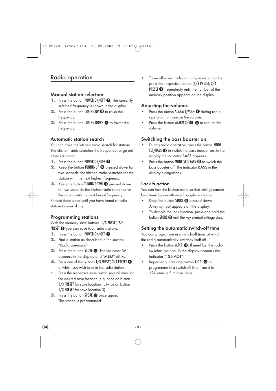 Radio operation | Silvercrest KH2281-07 User Manual | Page 10 / 98