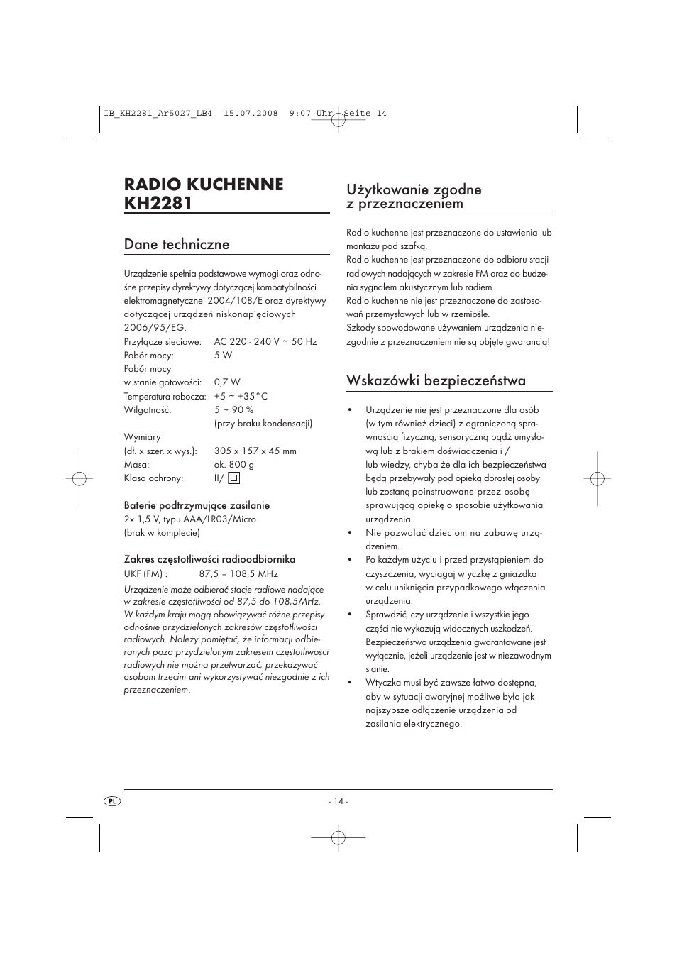 Radio kuchenne kh2281, Dane techniczne, Użytkowanie zgodne z przeznaczeniem | Wskazówki bezpieczeństwa | Silvercrest KH2281-07 User Manual | Page 16 / 98