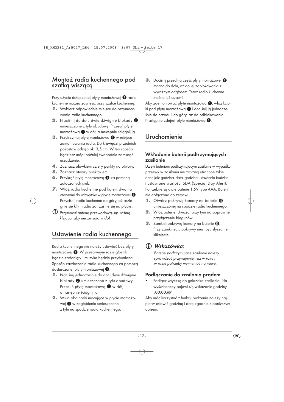 Montaż radia kuchennego pod szafką wiszącą, Ustawienie radia kuchennego, Uruchomienie | Silvercrest KH2281-07 User Manual | Page 19 / 98