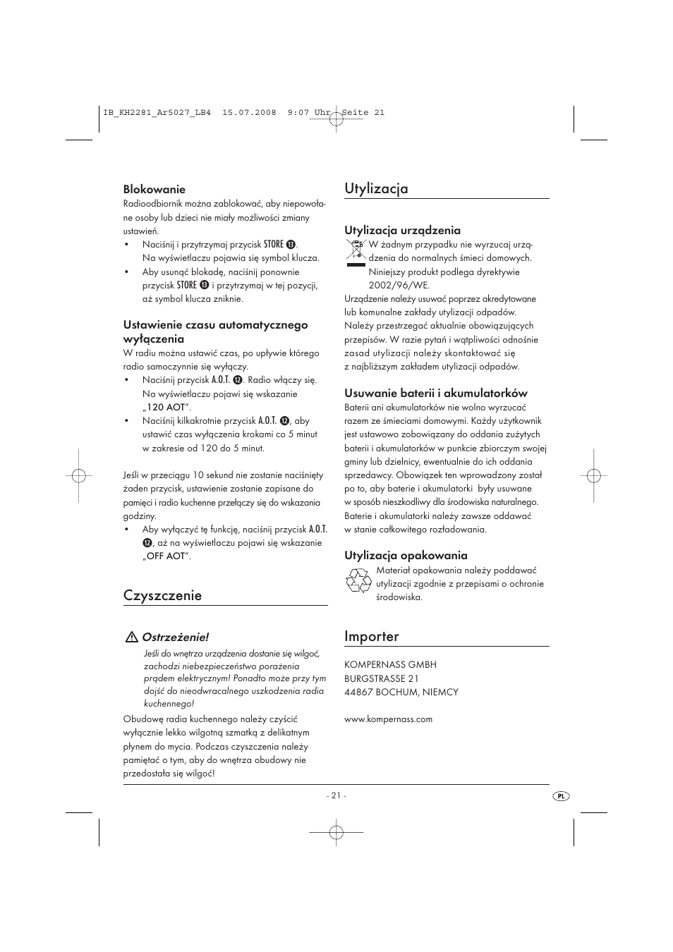 Czyszczenie, Utylizacja, Importer | Silvercrest KH2281-07 User Manual | Page 23 / 98