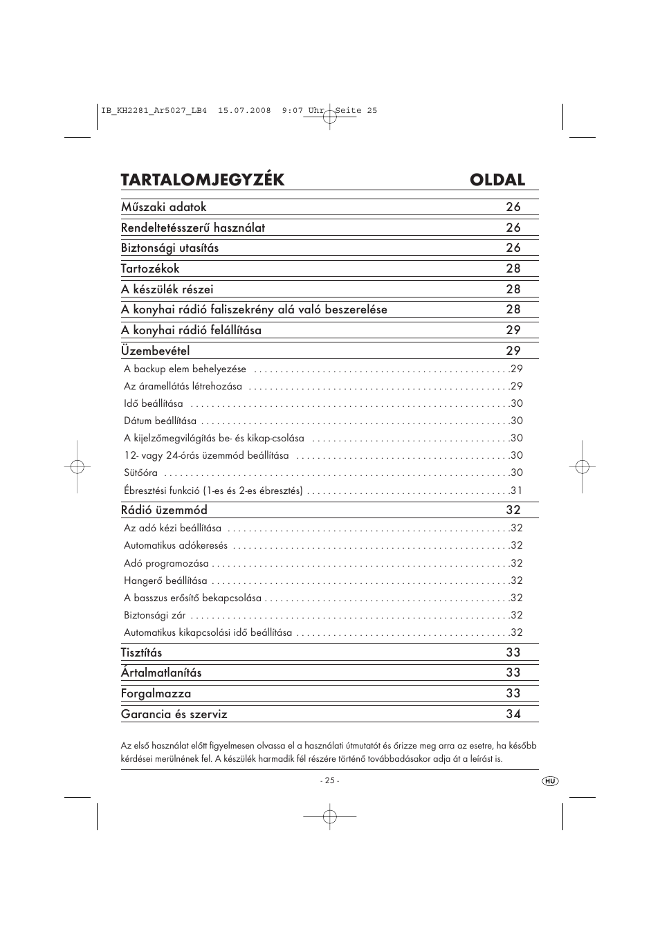 Tartalomjegyzék oldal | Silvercrest KH2281-07 User Manual | Page 27 / 98