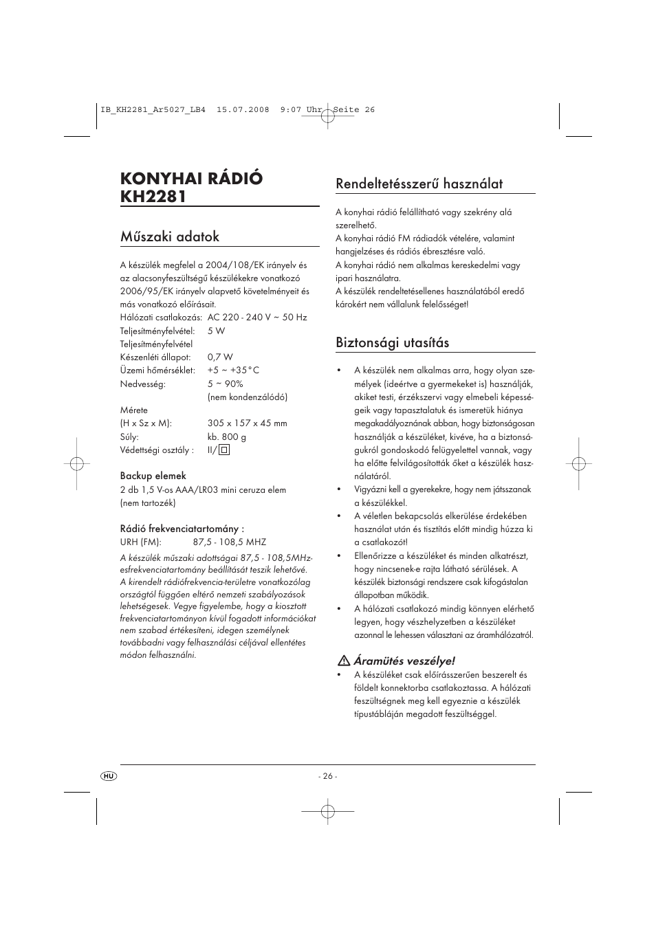 Konyhai rádió kh2281, Műszaki adatok, Rendeltetésszerű használat | Biztonsági utasítás | Silvercrest KH2281-07 User Manual | Page 28 / 98