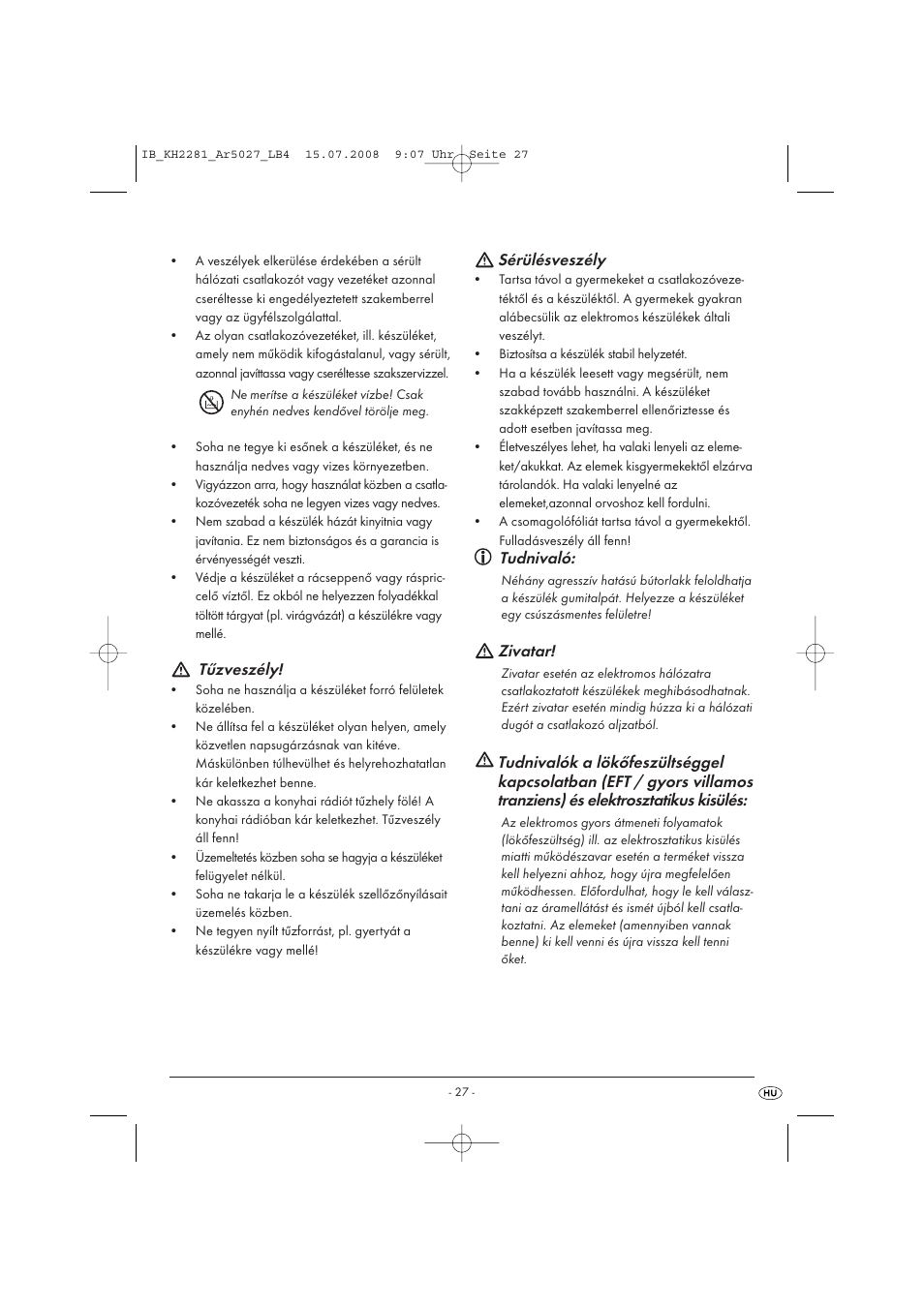 Tűzveszély, Sérülésveszély, Tudnivaló | Zivatar | Silvercrest KH2281-07 User Manual | Page 29 / 98