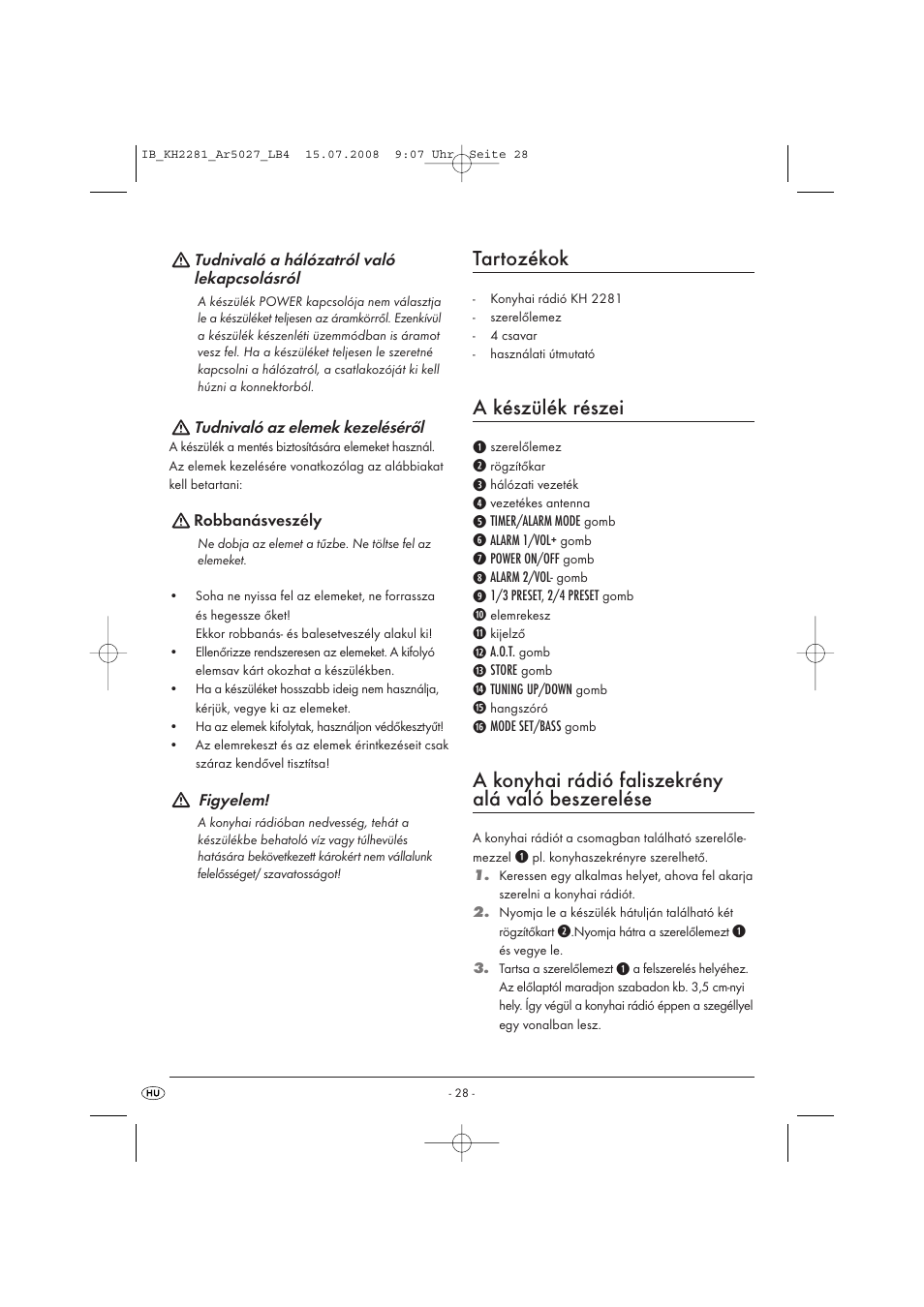 Tartozékok, A készülék részei, A konyhai rádió faliszekrény alá való beszerelése | Silvercrest KH2281-07 User Manual | Page 30 / 98