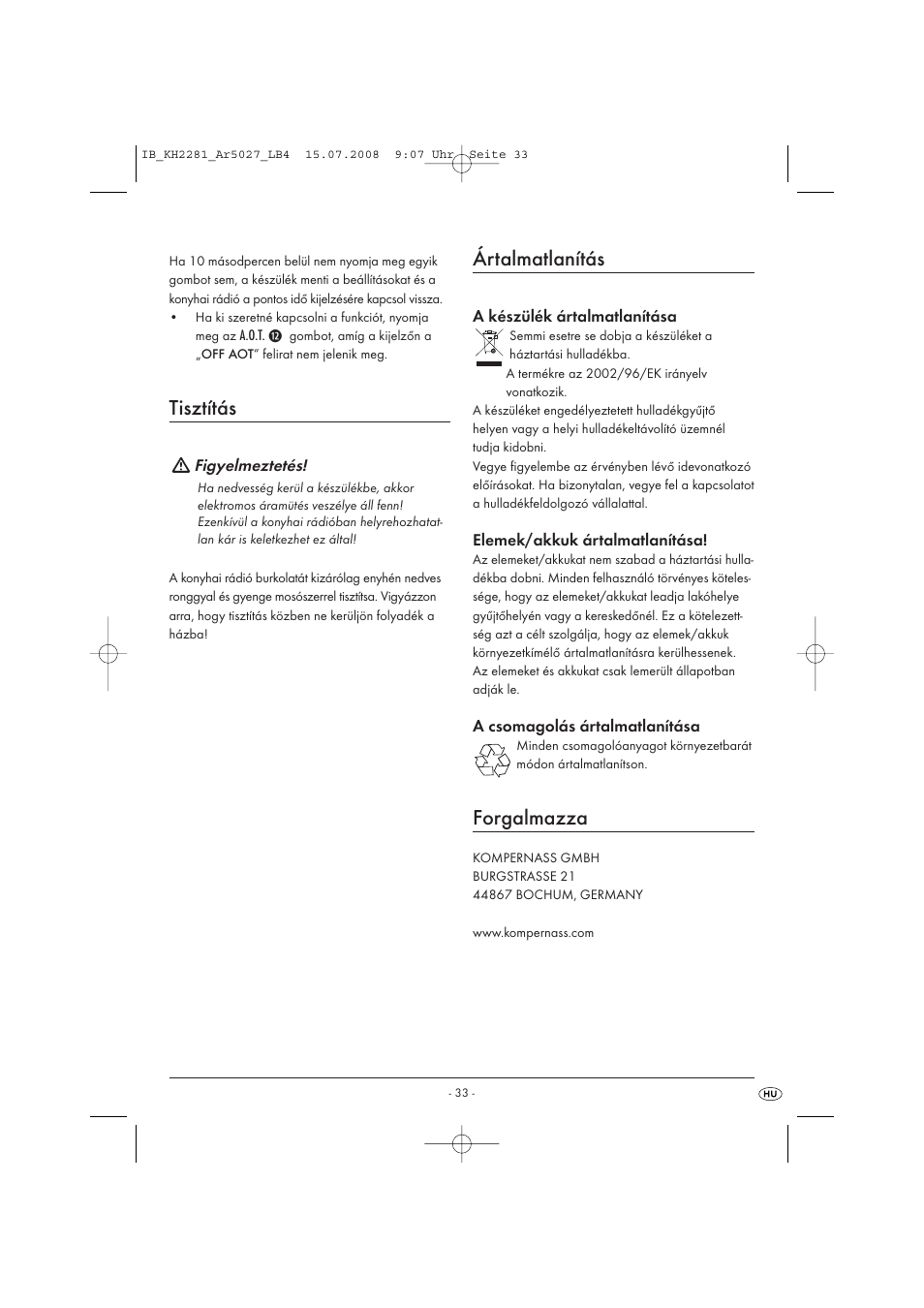 Tisztítás, Ártalmatlanítás, Forgalmazza | Silvercrest KH2281-07 User Manual | Page 35 / 98
