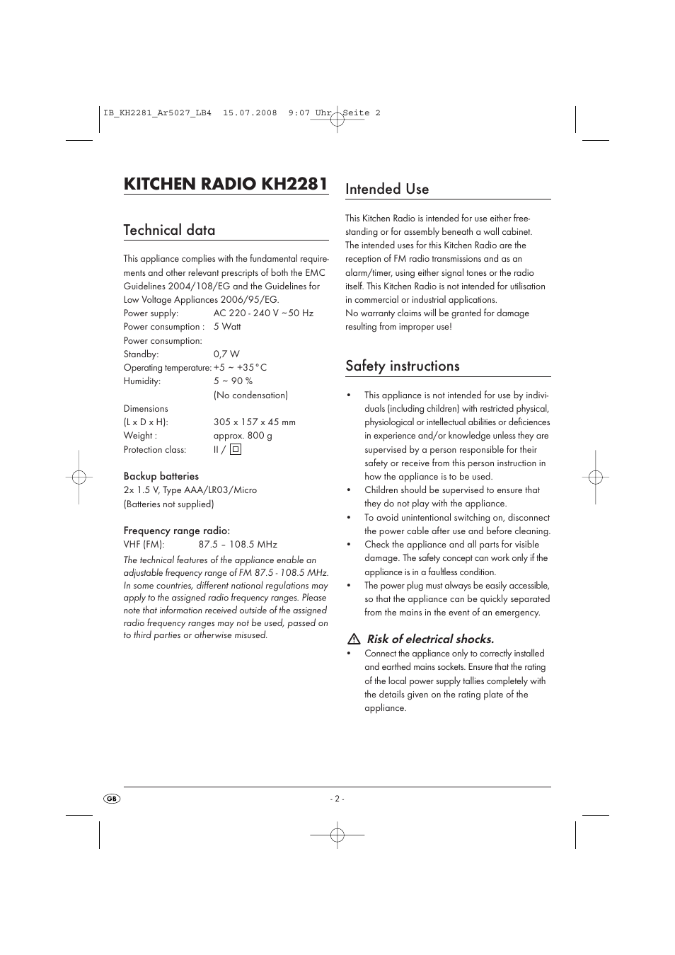 Kitchen radio kh2281, Technical data, Intended use | Safety instructions | Silvercrest KH2281-07 User Manual | Page 4 / 98